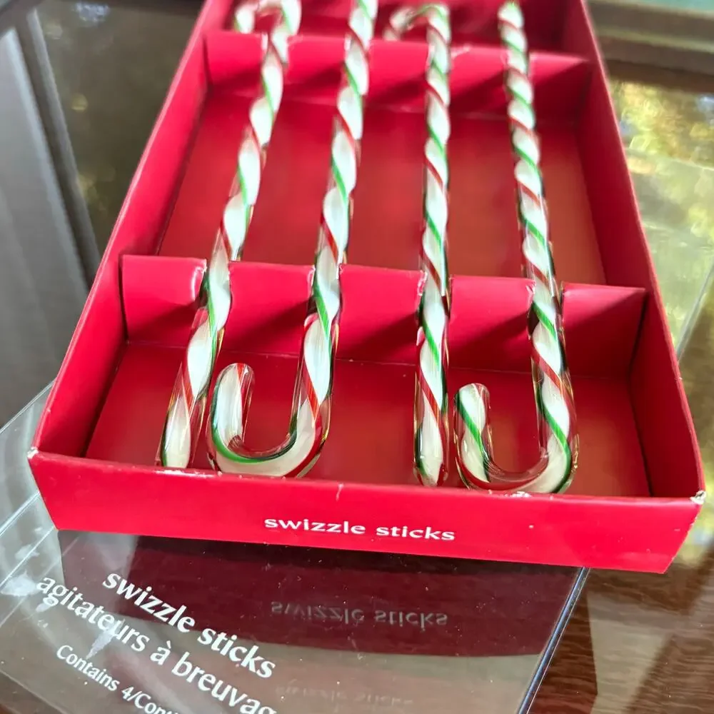 Vintage Pier 1 Glass Candy Cane Swizzle Sticks Set of 4 Christmas Stirrers